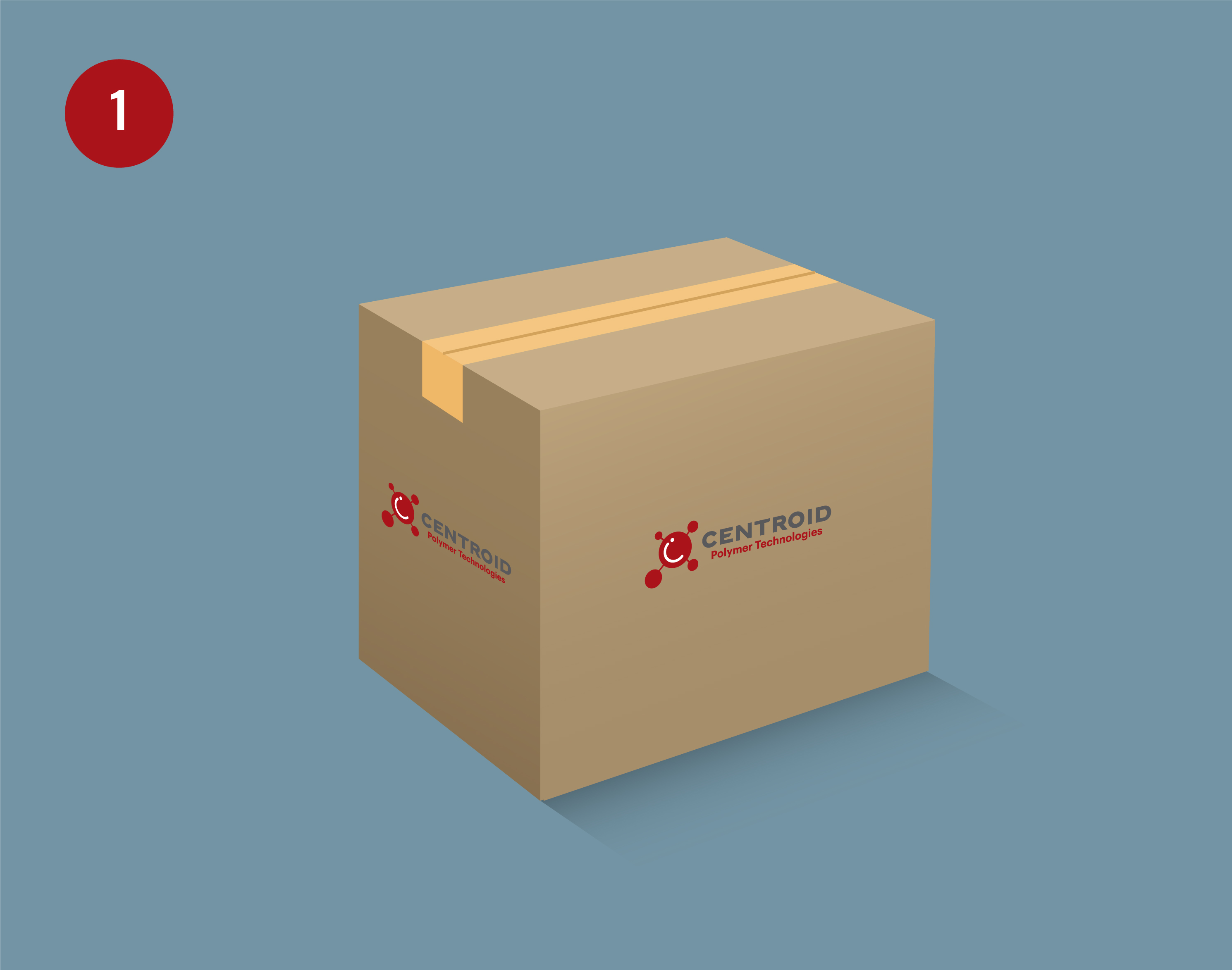 Step 1 of Centroid Polymer Technologies installation guide showing a sealed box with the Centroid logo, ready for unpacking